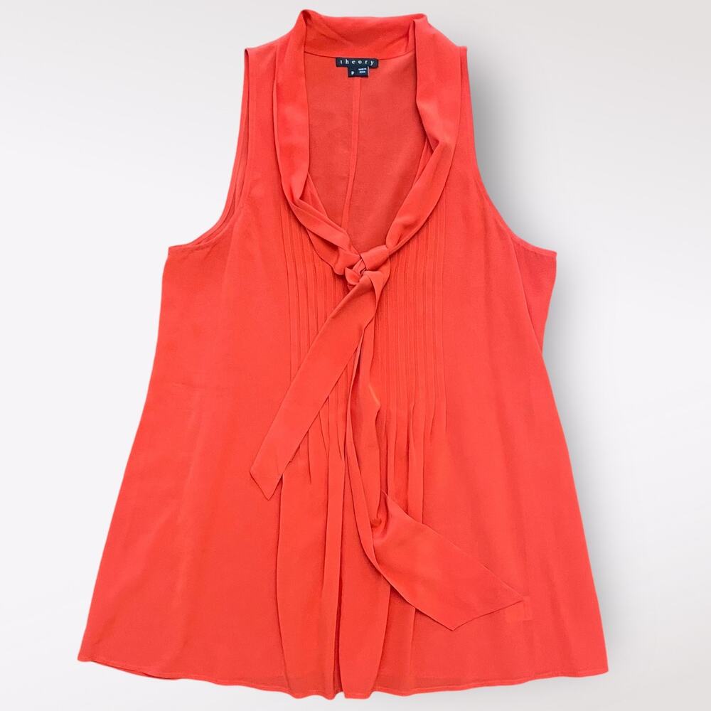 Theory Women’s Red Silk Pleated Scoop neck business casual blouse Size P